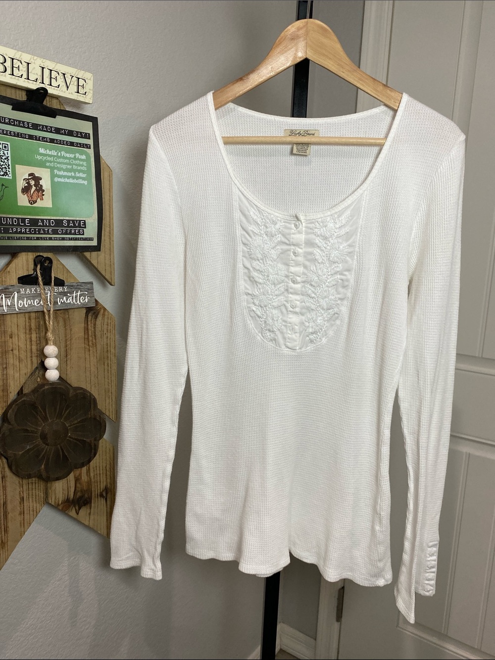 Lucky Brand White Long Sleeve Waffle Knit Scoop Neck Top with Lace Bib